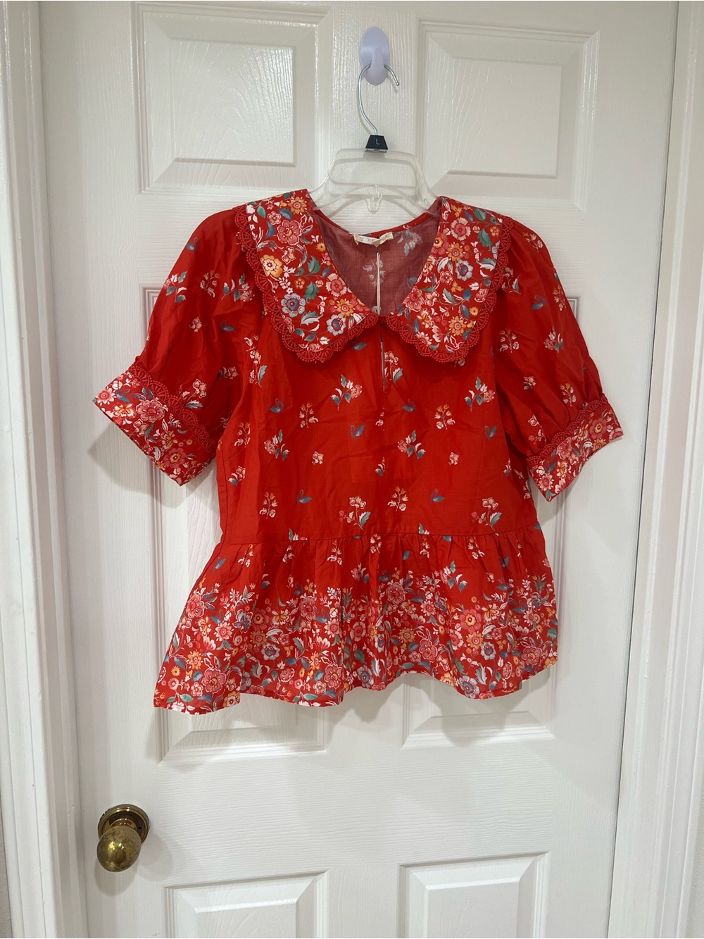 New Cottagecore Boho Red Floral Peplum Blouse with Lace Trim Peter Pan Collar